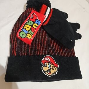 Nintendo Super Mario Black and Red Kids Hat and Gloves